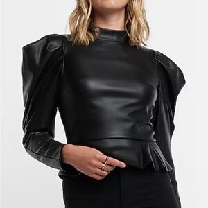 Faux Leather Mock Neck Puff Sleeve Peplum Top